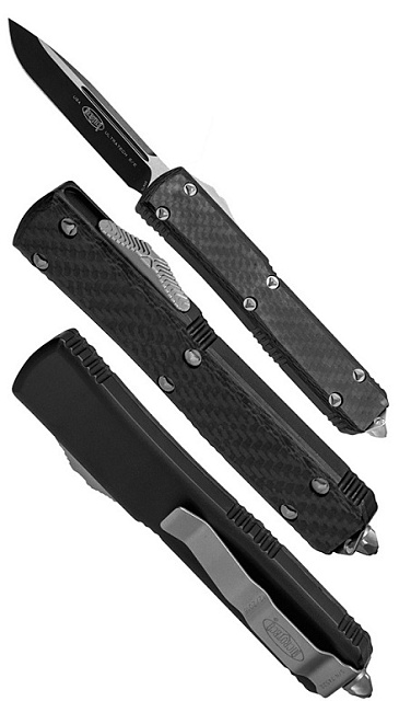 Нож Microtech Ultratech Satin 121-1CF с автоматическим открытием/закрытием клинка.