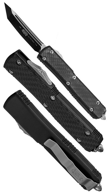 Нож Microtech Ultratech Satin 123-1CF с автоматическим открытием/закрытием клинка.